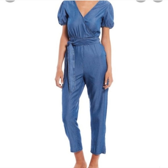Chelsea & Violet Pants - Chelsea &Violet Large Chambray Denim Jumpsuit short puff sleeves